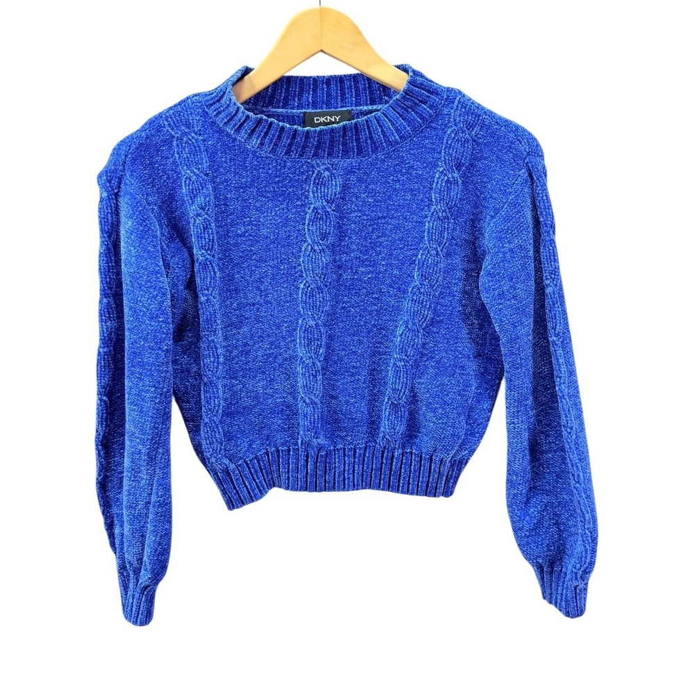 DKNY Sweater Girls M 10-12 Blue Cable Knit Chenille Pullover Crewneck Soft Kids